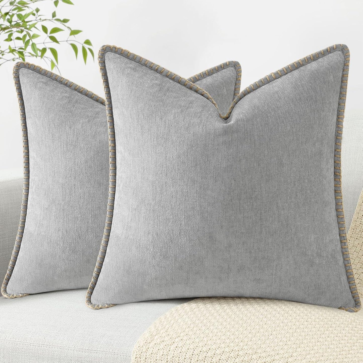 decorUhome Chenille Soft Throw Pillow Covers 24x24 Set of 2, Farmhouse Velvet Neutral Decorative Euro Pillow Covers with Stitched Edge for Couch Sofa Bed Home Decor, Neutral Gray