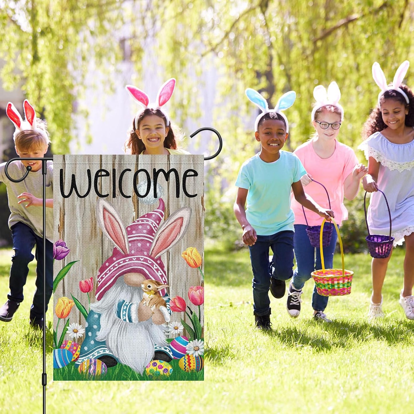 Welcome Easter Gnome Garden Flag 12x18 Double Sided Burlap, Funny Bunny Floral Small Yard Flag Banner for Holiday Farmhouse Outdoor Decor (ONLY FLAG)