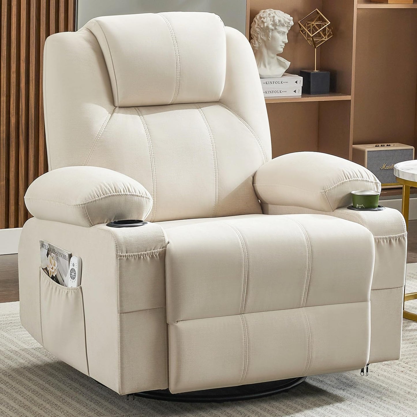 Oversized Swivel Rocker Recliner Chair with Heat and Massage, 360 Degree Swivel Rocking Single Sofa with Cup Holders and USB Port, Big Large Recliner Chair for Living Room (Fabric, Beige)