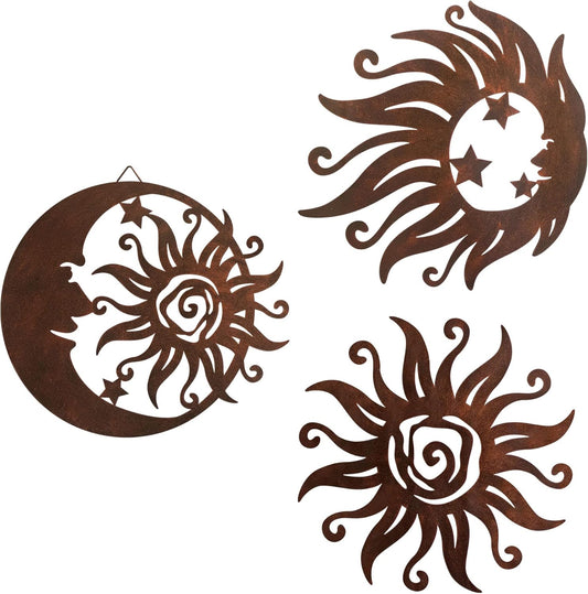 Limygus Sun Moon Wall Hanging, Wall Sculpture, Metal Wall Art Indoor/Outdoor Decor Rust Colored Rust Proof Wall Sculpture - Ideal for Bedrooms Gardens Homes Patios and Farmhouses Set of 3