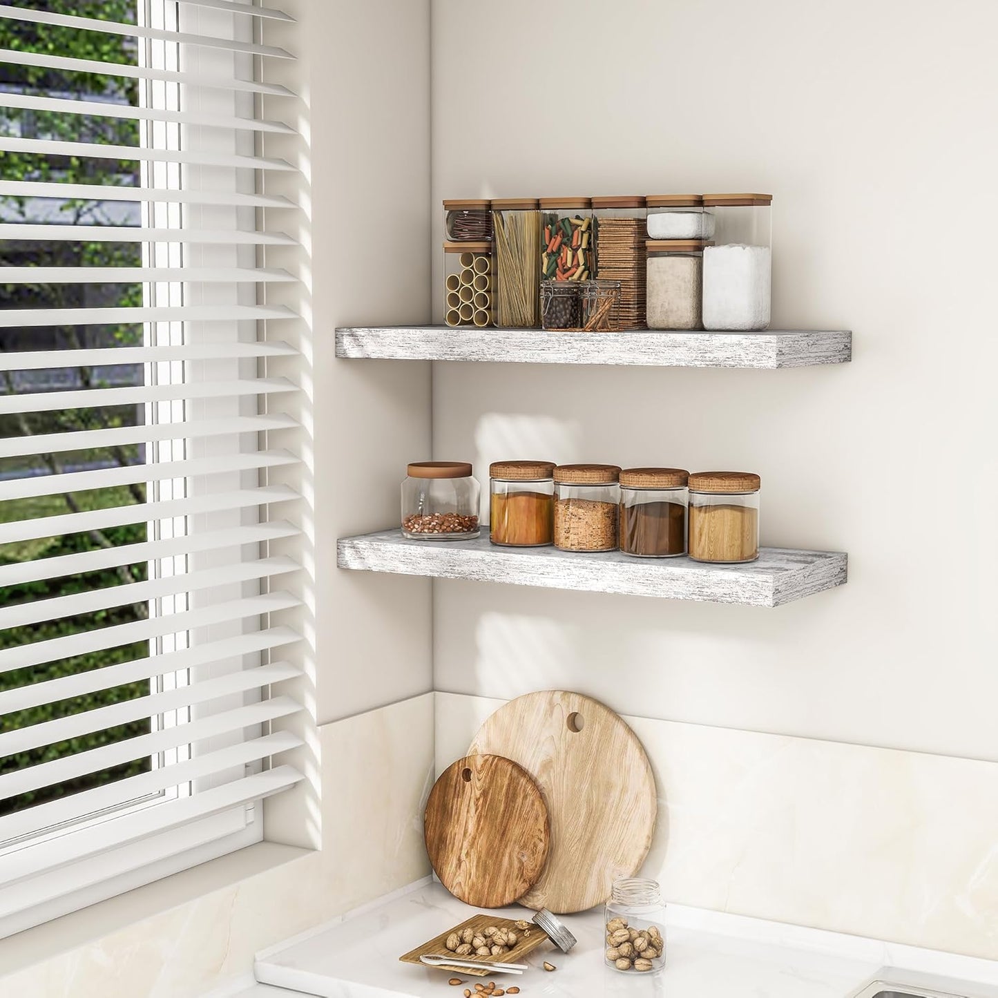 RICHFOCUS 31.5Inch Floating Shelves for Wall 2 Pack Shelves for Bedroom|Kitchen|Bathroom Wall Mounted Rustic Distressed Wood Floating Shelf with Invisible Brackets for Books|Storage|Decor, Rustic