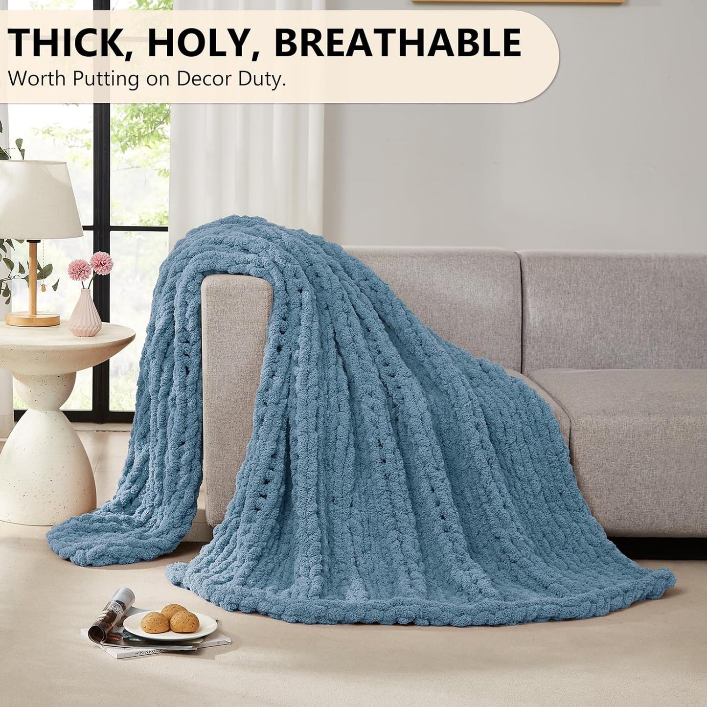 L'AGRATY Chunky Knit Blanket Throw: 50''x60'' Chenille Chunky Knitted Throw Blanket for Bed Couch - Handmade Thick Big Cable Knit Blanket - Large Crochet Rope Blanket for Home Decor(Airy Blue)