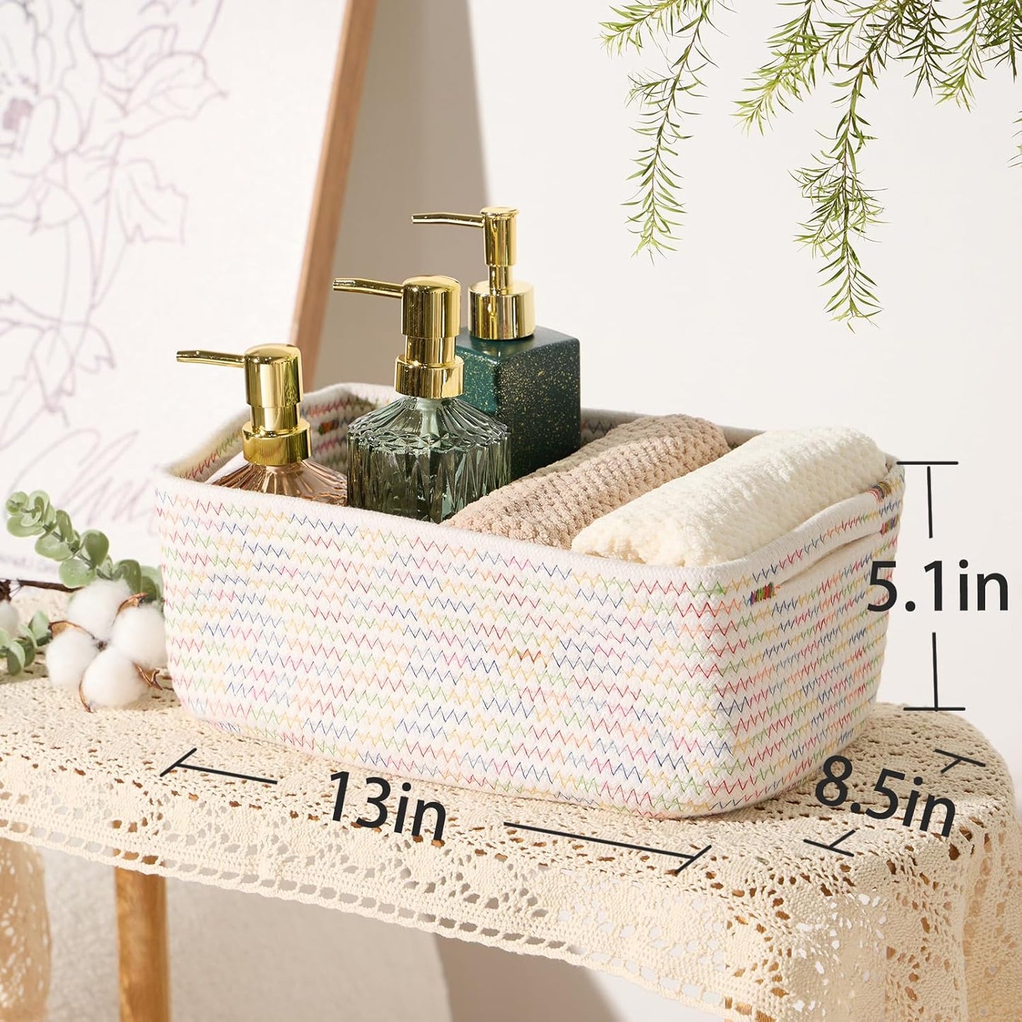 Small Storage Baskets for Organizing | Closet Organizer Bins | Shelf Toy Basket | Woven Rope Baskets | Cube Decorative Box | Shallow Basket | 13x8.5x5.1” | 4 Packs Rainbow