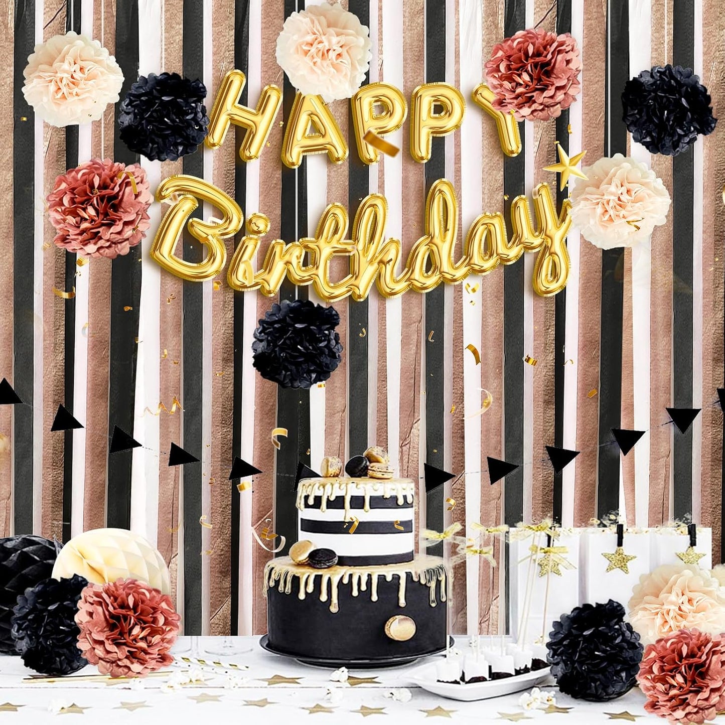 Black Pink Party Streamers Decorative Paper Pompoms for Sweet Cool Party Background, Birthday, Bachelor Party, Baby Shower, Ceiling Wall Hanging