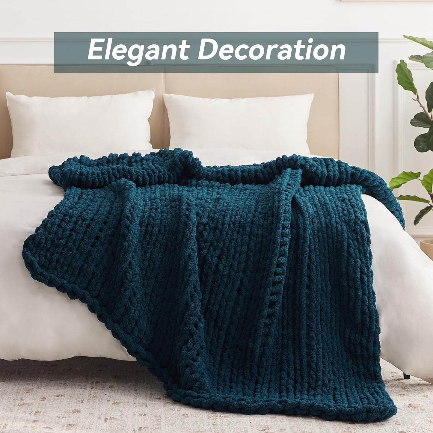 Chunky Knit Throw Blanket, 50''*60'' Knitted Throw Chenille Yarn for Bed Couch, Handmade Peacock Blue Crochet Big Thick Blanket, Machine Washable Cute Comfy Blanket for Home Decor