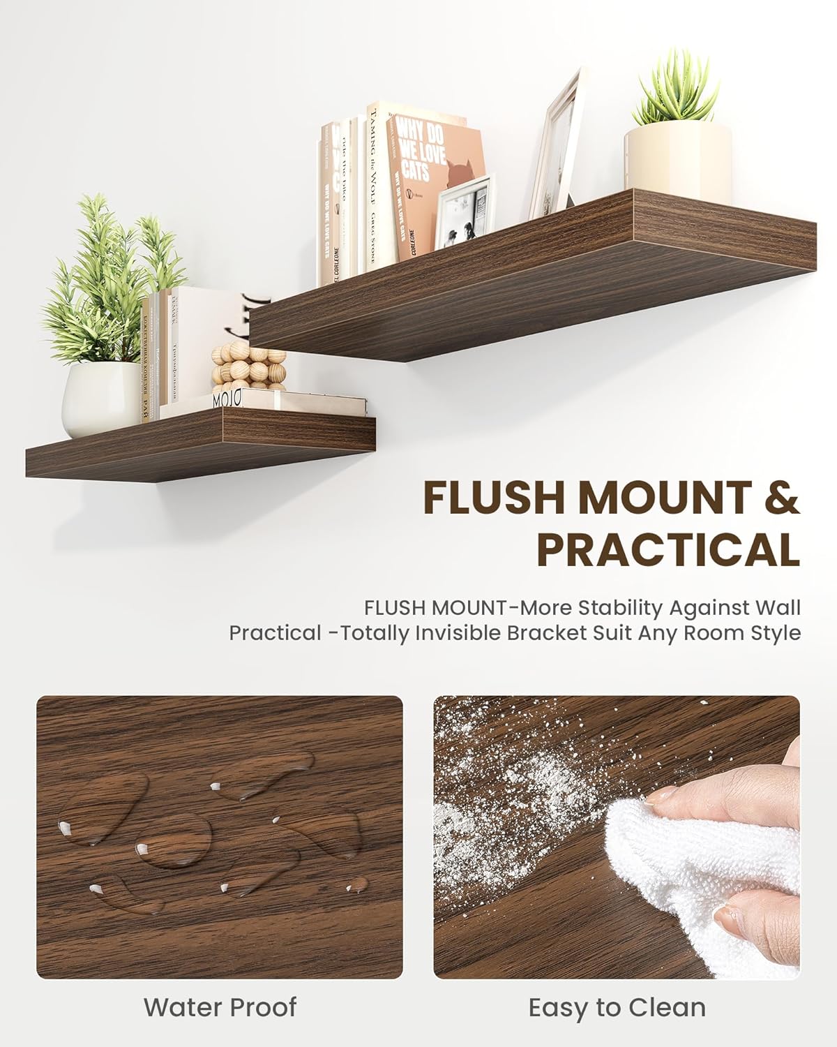 Marsmiles 30" Floating Shelves for Wall, Wooden Shelves with Invisible Brackets Set of 2, Rustic Farmhouse Wall Mounted Shelf for Kitchen Bathroom Living Room Study, Walnut