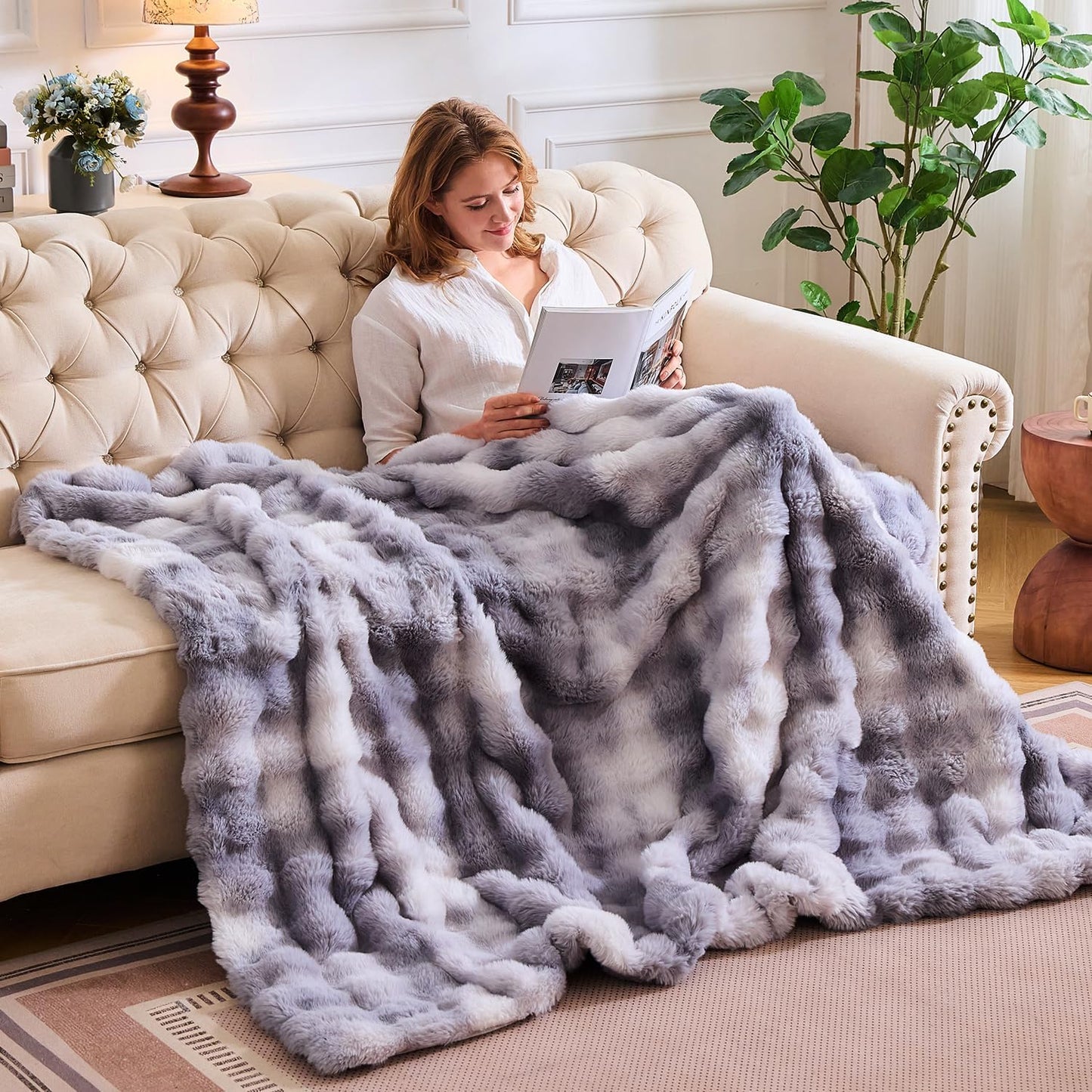 Lotus Karen Faux Fur Blanket Tie-Dye Gray - Big Bubble Rabbit Fluff King Throws for The Bed Large Fluffy Fuzzy Cozy Thick Furry Plush Shaggy Blankets for Men 108x90 Inches