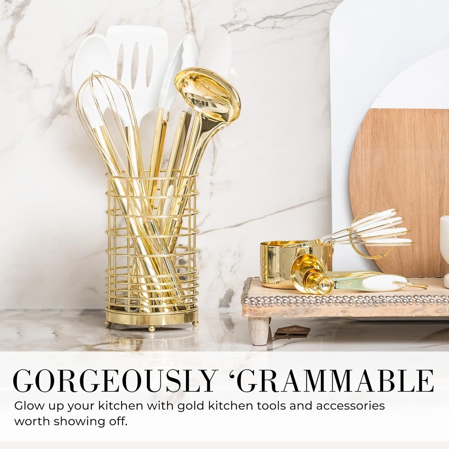 Styled Settings White and Gold Kitchen Utensils Set - 15-Piece BPA free, Non-Scratch, Utensils Set Includes White Silicone Cooking Utensils and Measuring Cups and Spoons