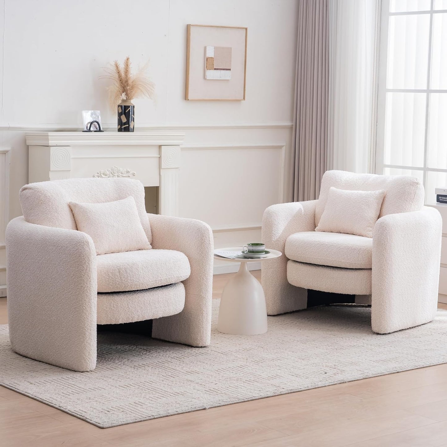 Chenille Accent Armchair Oversize Upholstered Barrel Comfy Modern Round Lounge Sofa Chair with Pillow Cozy Reading Chairs for Apartment,Office,Living Room,Dining,Makeup,Club,Beige 2SET