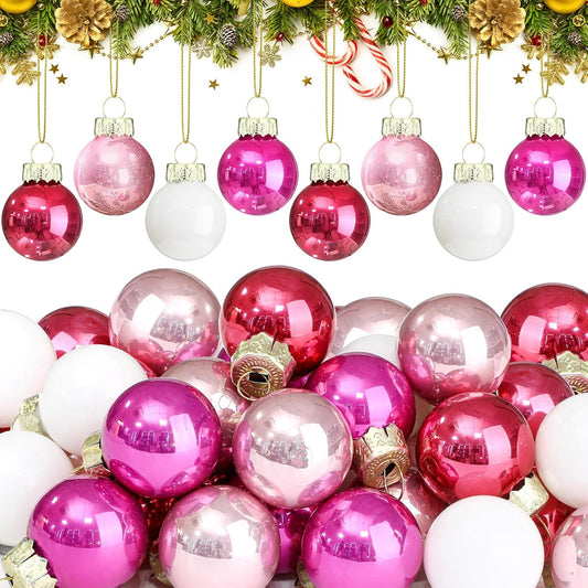 Tioncy 32 Pcs 1 Inch Mini Glass Christmas Ornaments Balls Shiny Christmas Balls Tiny Tree Hanging Decoration Small Colorful Ball Pendant for Xmas Party Supplies(Pink Series, White)