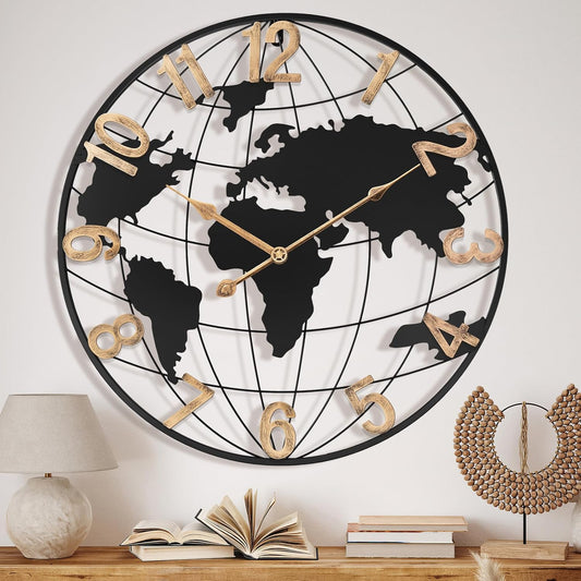 20 Inch Large Wall Clock for Living Room Decor,Big Modern Decorative Silent Metal World Map Wall Clock with Vintage Gold Arabic Numeral for Office,Living Room,Kitchen,Dining Room