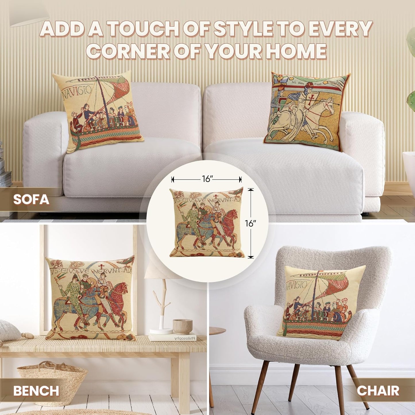 Charlotte Home Furnishings Bayeux Mont St. Michel Throw Pillow Cover 16" x 16" – Medieval Tapestry Cushion Case for Sofa, Couch, & Bed | Cotton Jacquard Woven in Europe | Insert Not Included