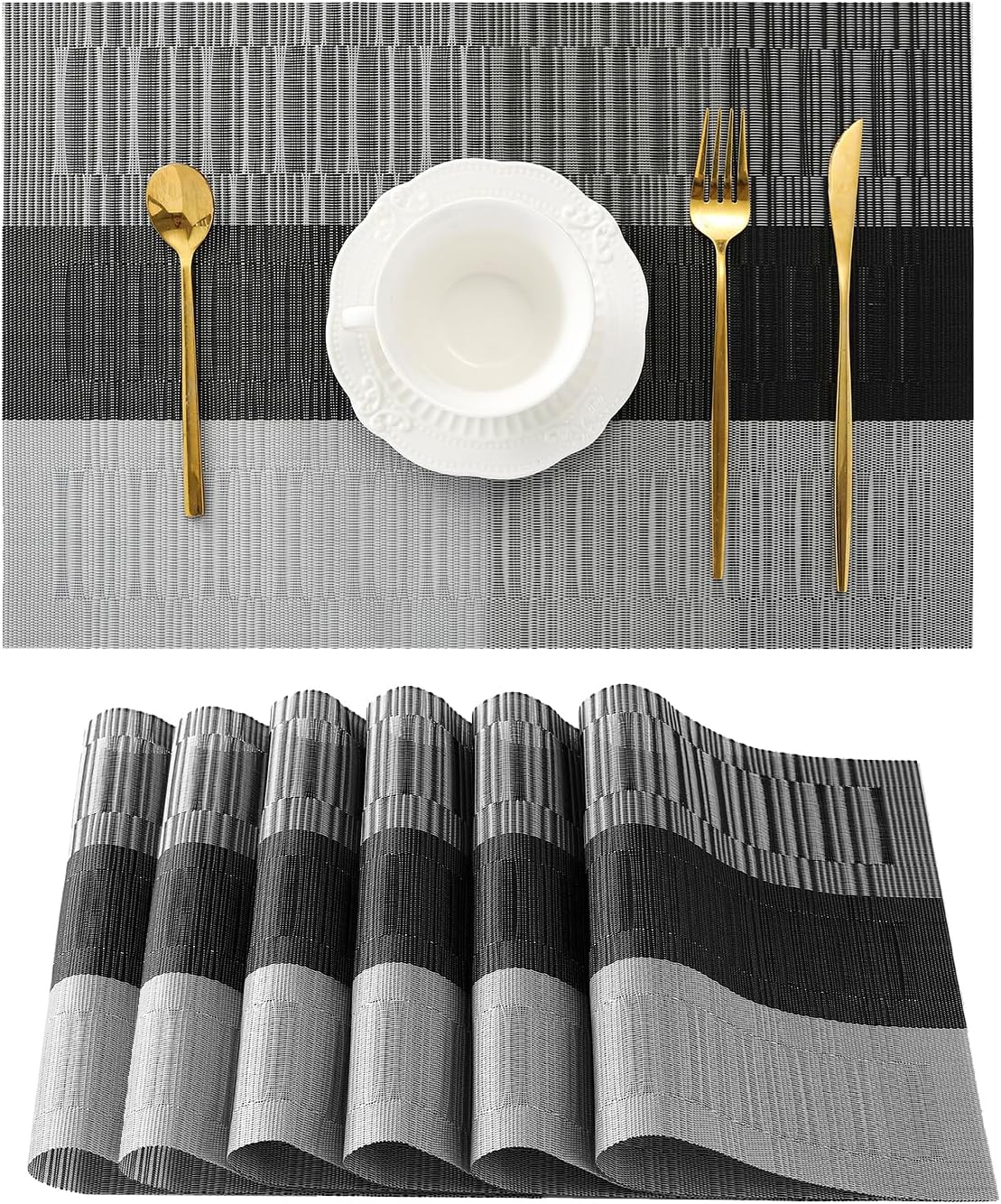 Leetaltree Grey with White Striped Placemats Set of 6 - Heat Resistant Non-Slip Place mats for Dining Table, Washable Durable PVC Vinyl Woven Table Mats（Grey Stripe, 6）