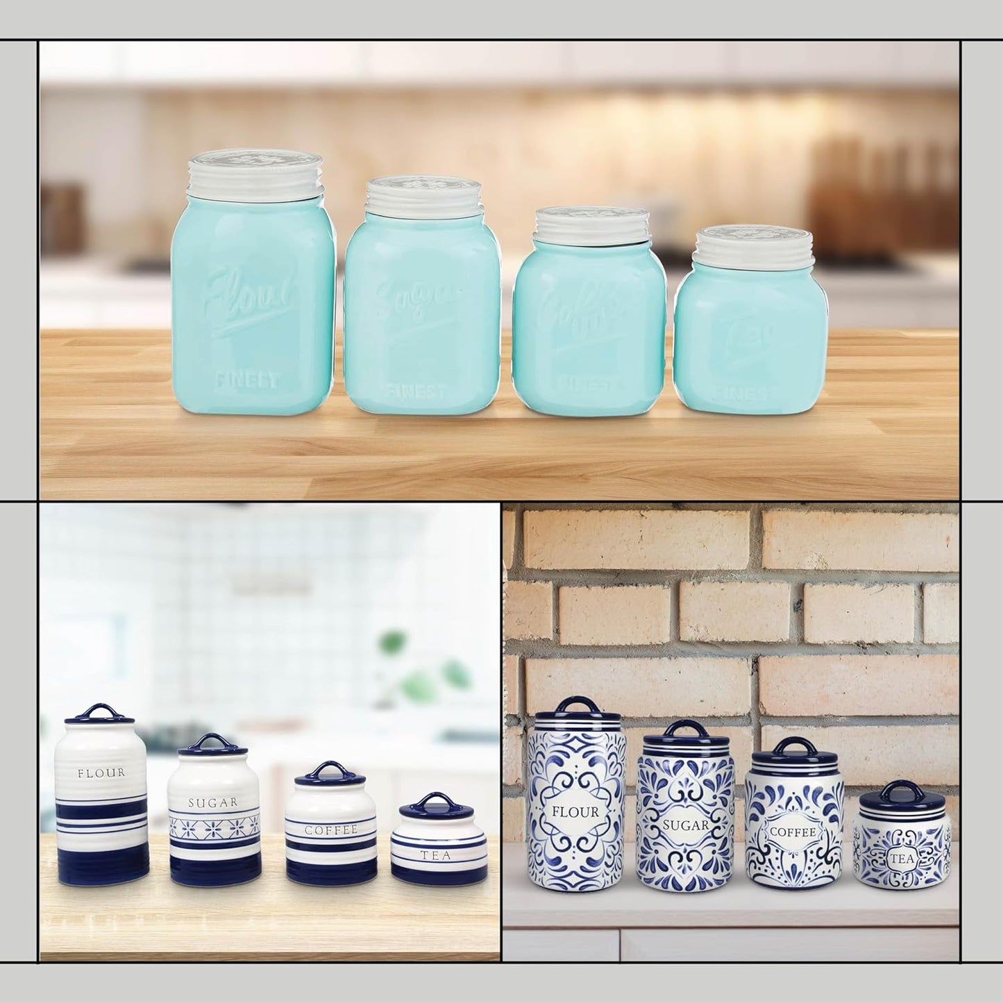 Young's Inc. 4 Pcs Set Vintage Ceramic Canisters- Storage Container for Kitchen and Bathroom - Beautiful Home Decor Accent to Store Food, Coffee, Tea, and More - Sky Blue