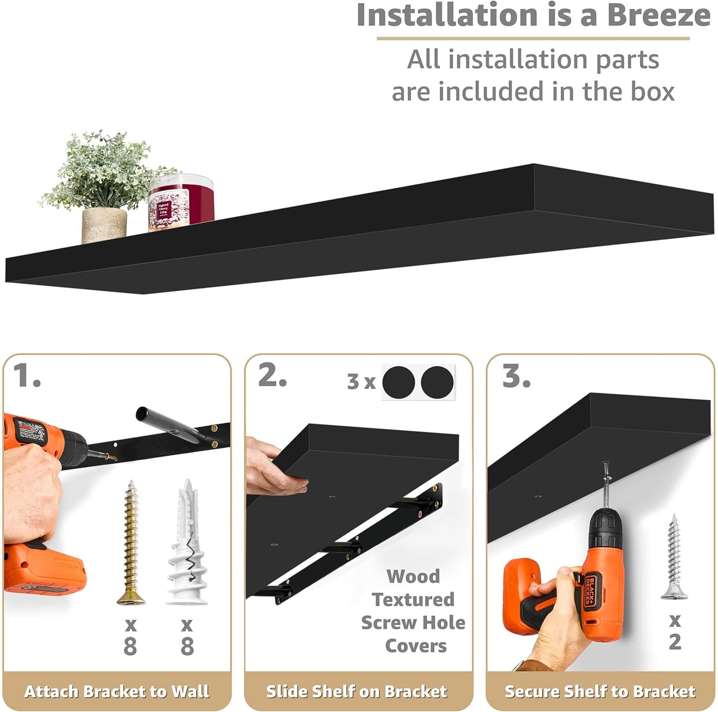 Sorbus Floating Shelves for Wall - 48 Inch Long Bathroom Shelves, Wall Decor for Bedroom, Kitchen, Living Room & Book Storage - Mounted Floating Shelf with Invisible Brackets (Black, 2 Pack)