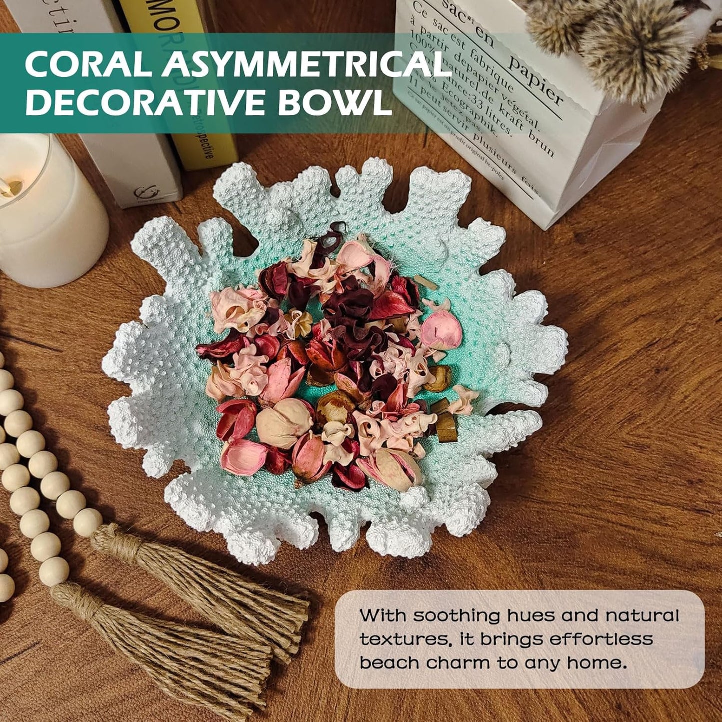Turquoise Coral Textured Decorative Bowl,9.45" Medium Resin Decorative Centerpiece Bowl for Coastal Beach theme house table centerpiece decorations & Nautical decorations for coffee table