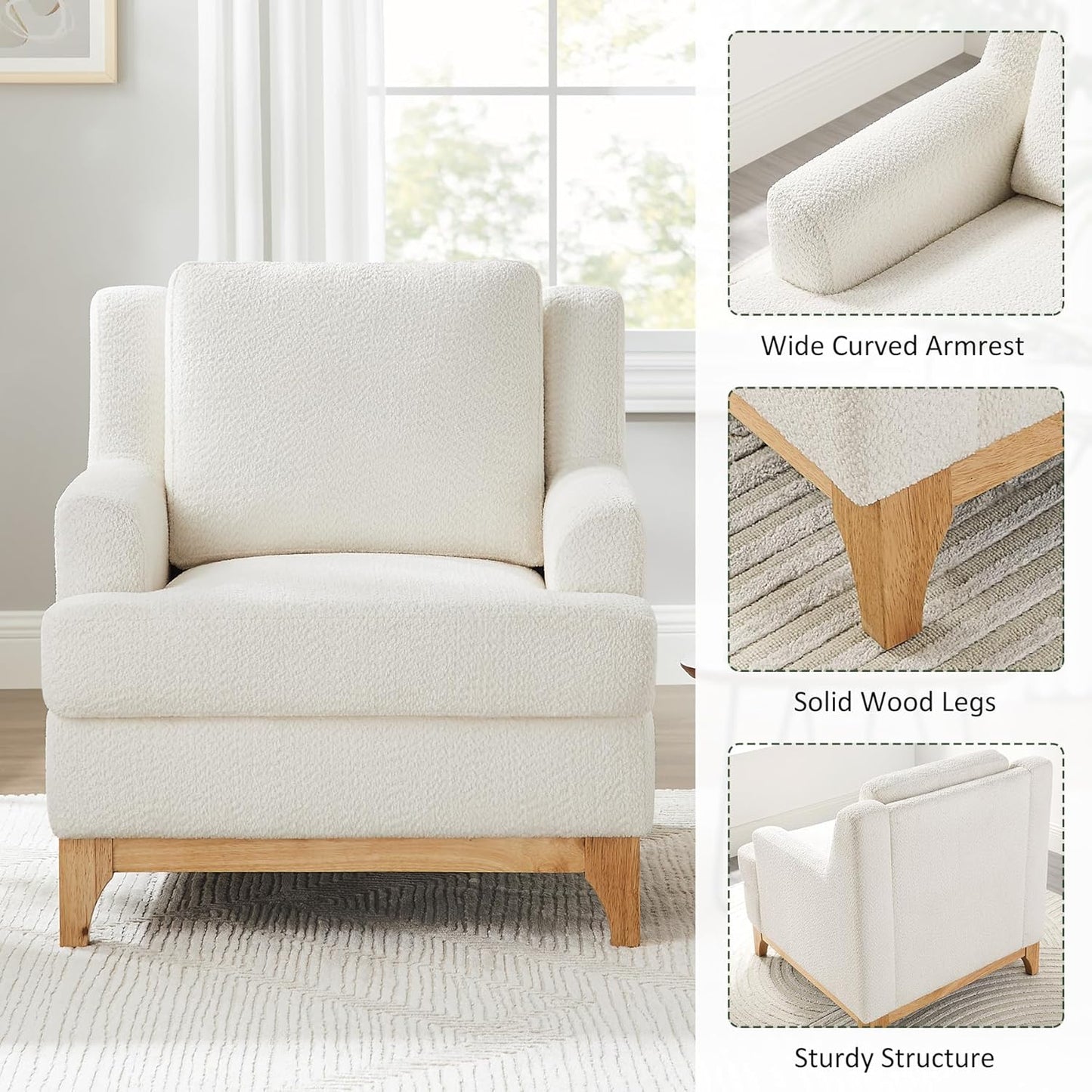 Oversized Accent Chair, Modern Boucle Armchair with Wood Legs, Modern Reading Chair with Thick Cushion, Comfy Chairs for Living Rooms, Bedrooms, Reading nooks and Apartments