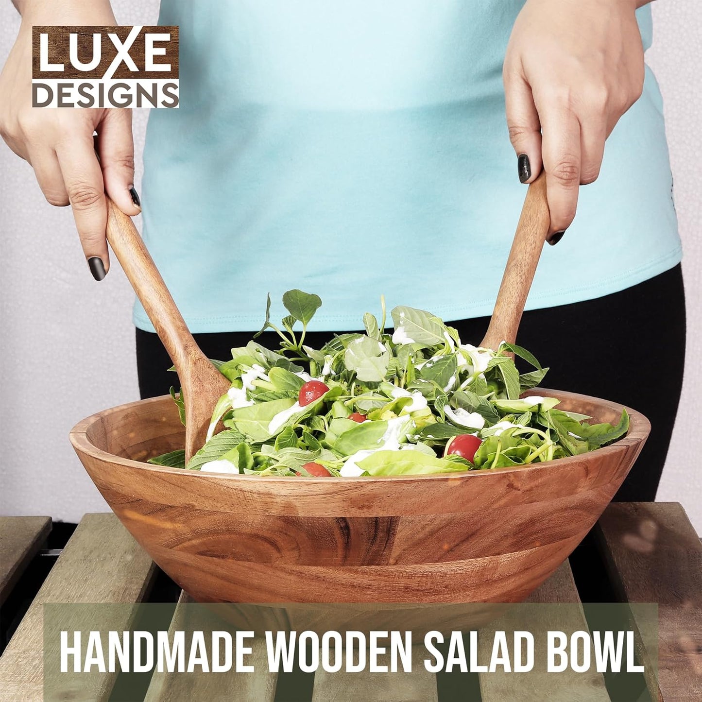 Luxe Designs Wooden Salad Bowl Set - Food Safe & Sustainable Decorative Bowl - Wood Bowl for Fruits, & Salads - Easy to Clean Large Salad Bowls Set w/Spoon, Fork – Wooden Bowls for Food (Natural)