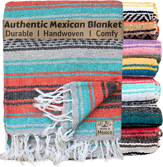 Del Mex Classic Mexican Blanket, Large Authentic Woven Falsa Throw (70"x50"), Artisan Southwest Décor for Beach, Yoga, Outdoors (Mint/Orange/Gray)