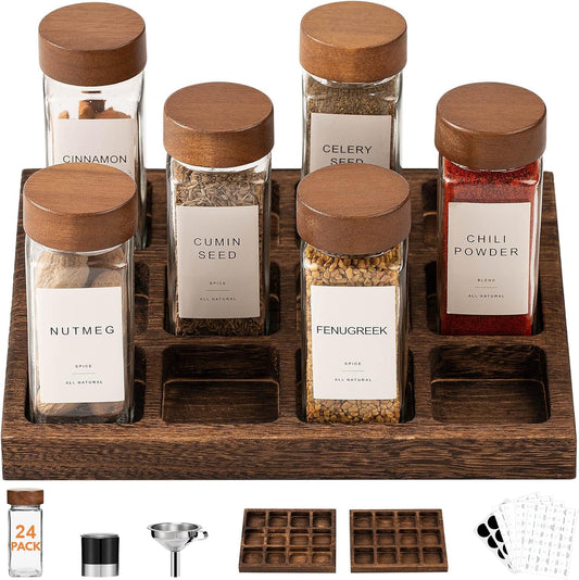 Yangbaga 24Pcs Glass Spice Jars with Labels-4oz Acacia Wood Lid Square Spice Containers and 2pcs Rack with Pepper Grinder Lids &Funnel,Seasoning Jars for Rack Cabinet Drawer
