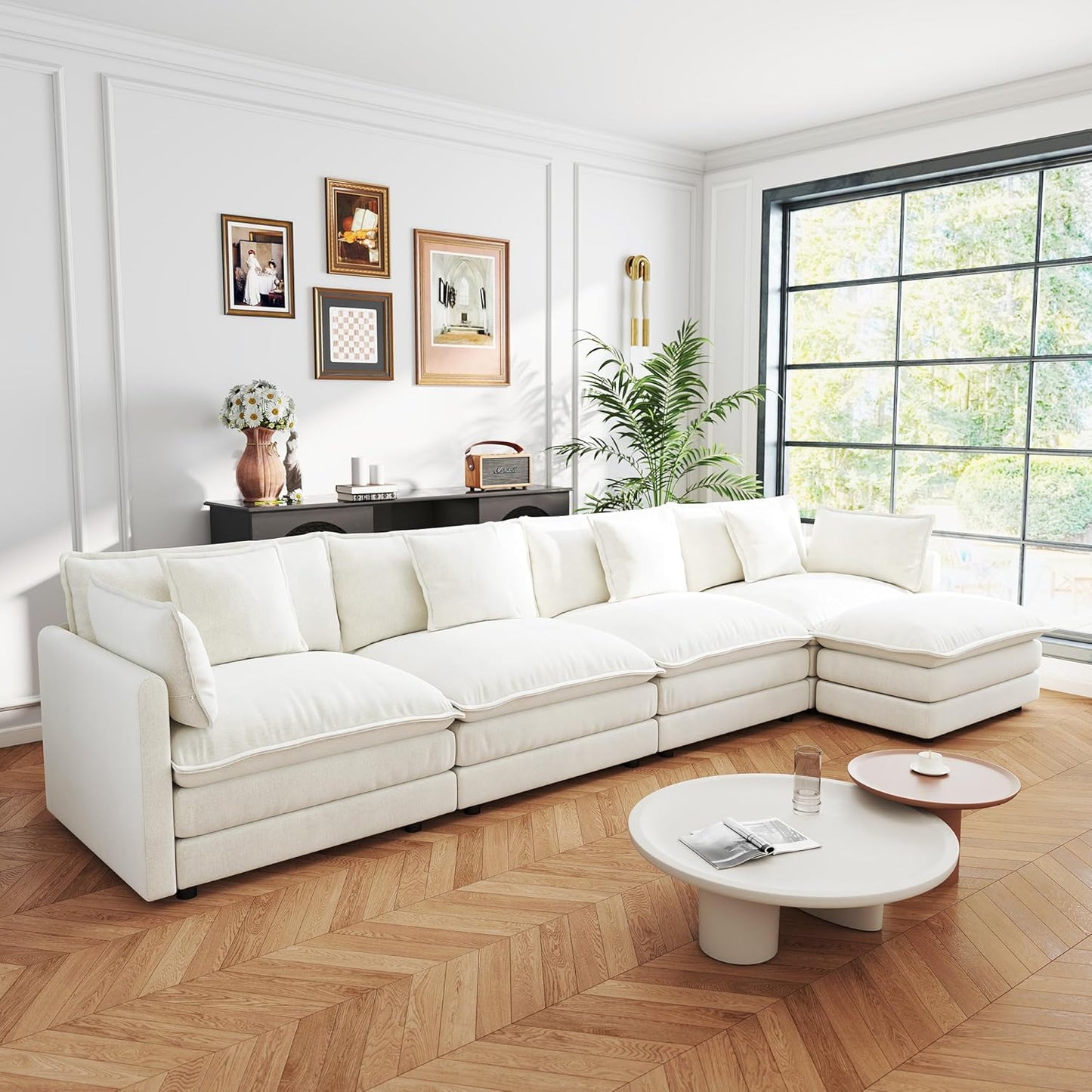 Sectional Sofa 4 Seater with Movable 1 Ottoman,Oversized Modular Couch Deep Seat (Beige, 146.5 inch-L)