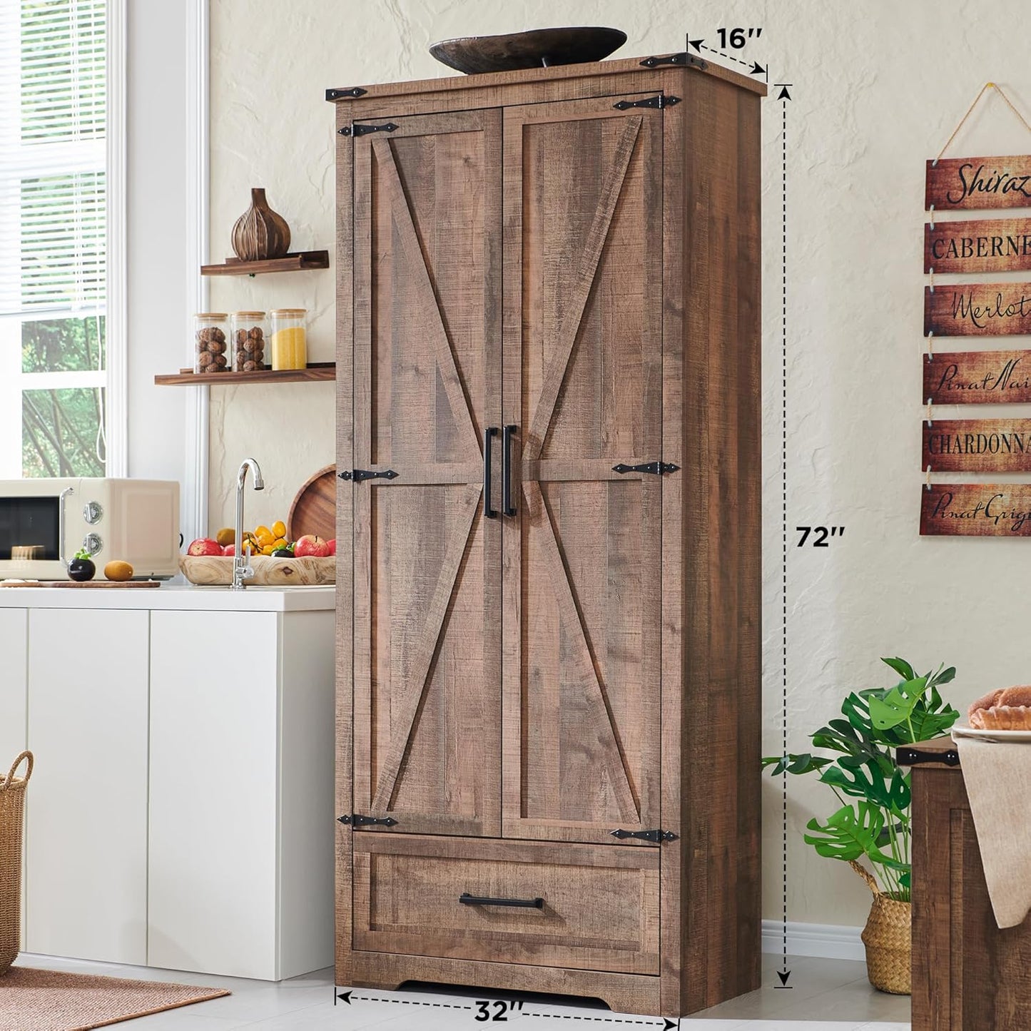 72" Tall Wood Storage Cabinet, Farmhouse Kitchen Pantry Cabinet with Adjustable Shelves & Drawer & Barn Doors, Versatile Storage for Kitchen, Dining Room, Bathroom, Light Brown