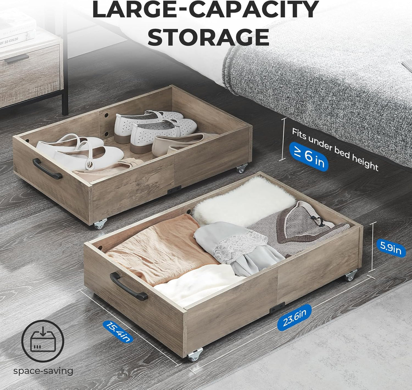 Under Bed Storage with Wheels, 2-Pack Under Bed Shoe Storage Organizer Drawer, Composite Wood Organizer for Shoes Clothes Containers in Bedroom for Clothes,Shoes(Grey)