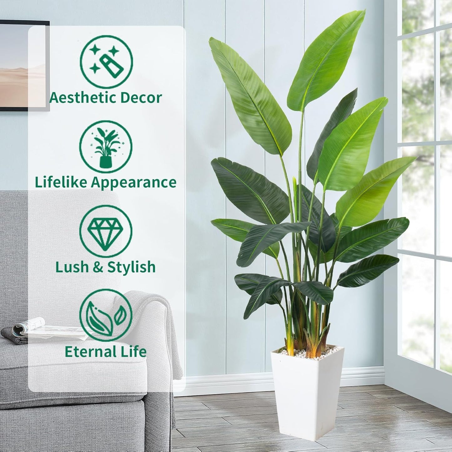 Bird of Paradise Plant Artificial 7ft,Faux Plants Indoor with White Planter,Fake Tree with Lifelike Leaves,The Perfect Indoor Silk Floor Plant for Home、Hallway and Office Decor