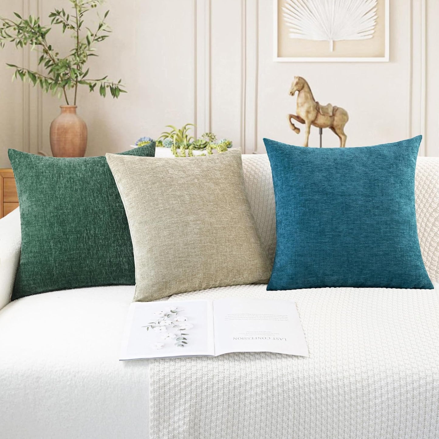 CaliTime Throw Pillow Covers Decorative 22 X 22 Inches Pack of 2 Cozy Chenille Cushion Cases for Couch Sofa Bed Living Room Home Dark Green