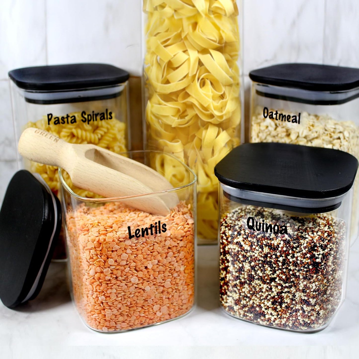 Urban Green Glass Jars with Black Bamboo Lids, food storage sets with airtight black lids, Glass Canisters Sets, Kitchen Organizing Jars (5 Sets of 27oz, 38oz, 66oz)