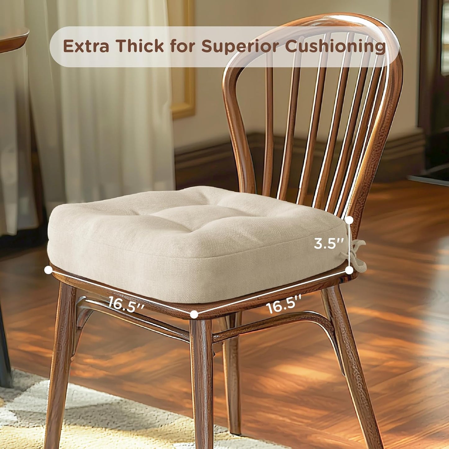 Codi Dining Chair Cushions 2 Pack, Thick Chairs Pads for Indoor Kitchen Room - Washable, Non-Slip Memory Foam Seat Cushion with Ties, 16.5"x16.5"x 3.5", Set of 2, Beige