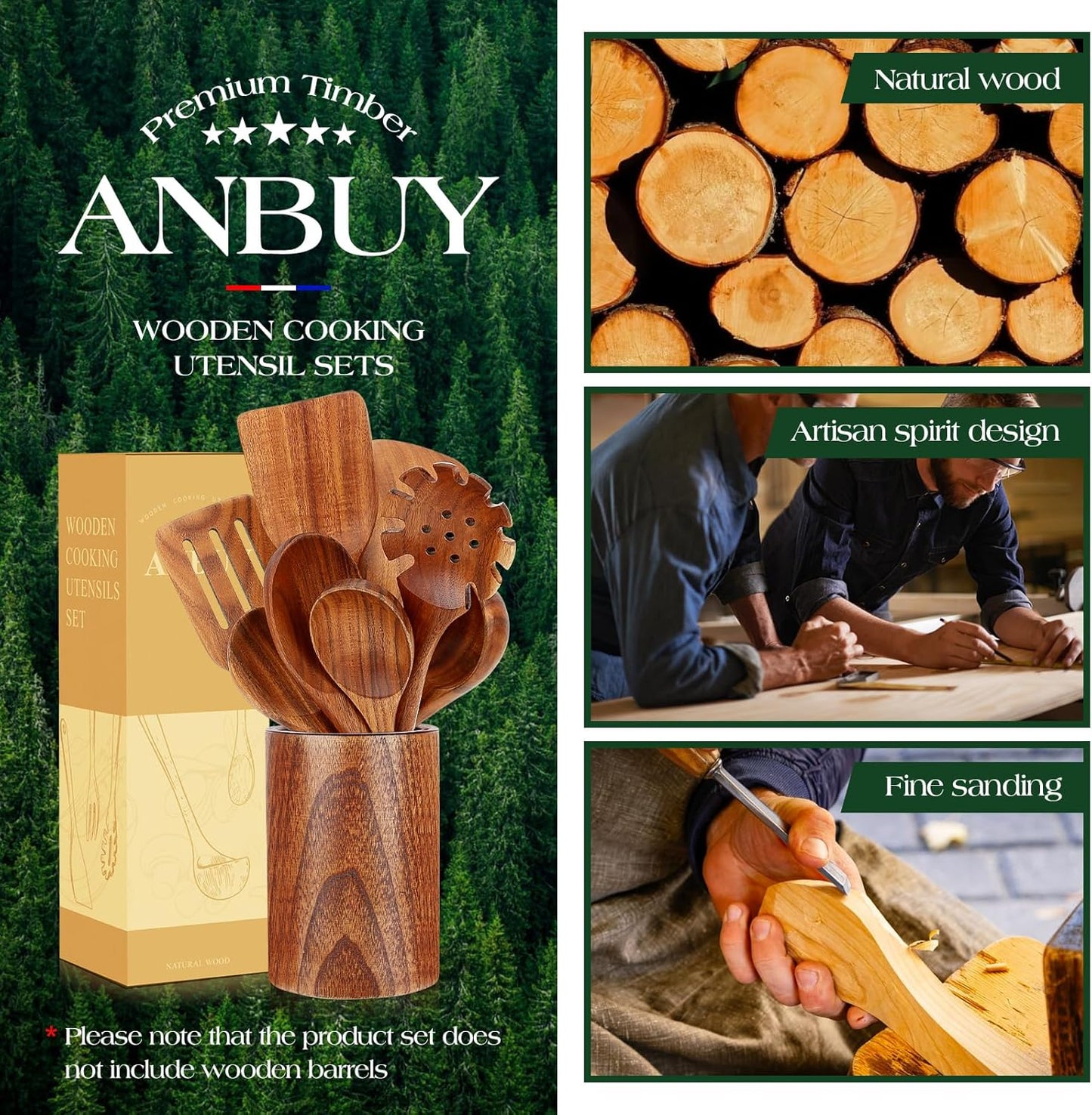 ANBUY Teak Wood Kitchen Utensils Set, Heat Resistant Wooden Spoons for Cooking, 10 Pcs Cooking Utensils Set Wooden, Wood Utensils Set for Cooking Food