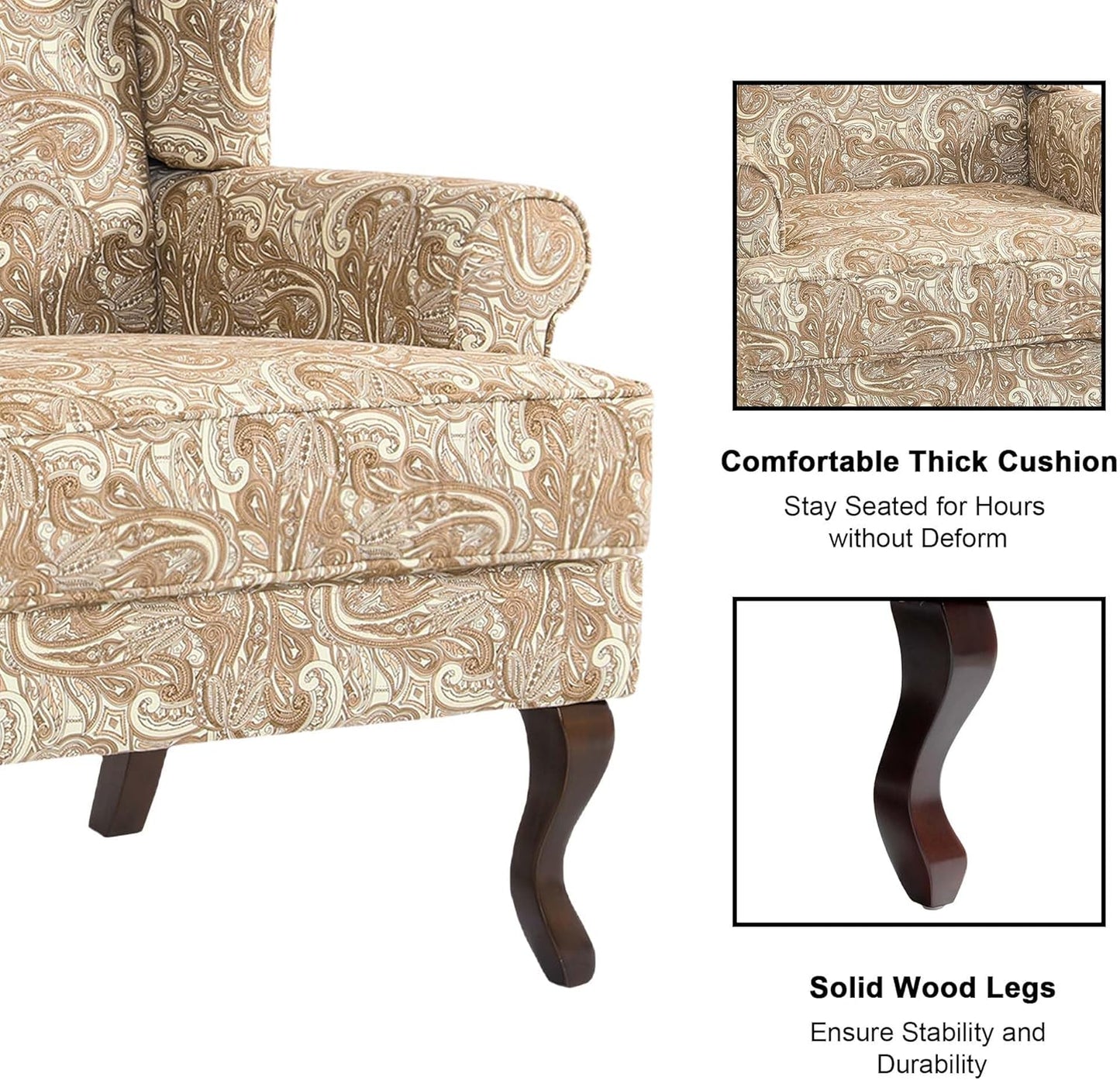 Accent Chair, High Back Upholstered Armchair with High Resilience Sponge & Wood Legs, Mid-Century Modern Comfy Single Sofa Reading Chairs for Living Room, Bedroom (Floral Sand, Set of 1)