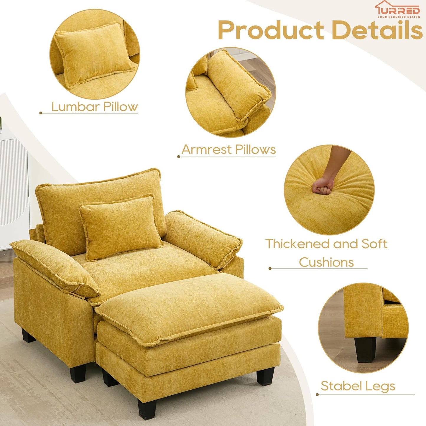 URRED Modular Sectional Sofa Comfy Cloud Couch, Modern Chenille Sofa Sleeper Deep Seat Couches with Ottoman/Pillows for Living Room (Yellow, 53''- Ottoman)