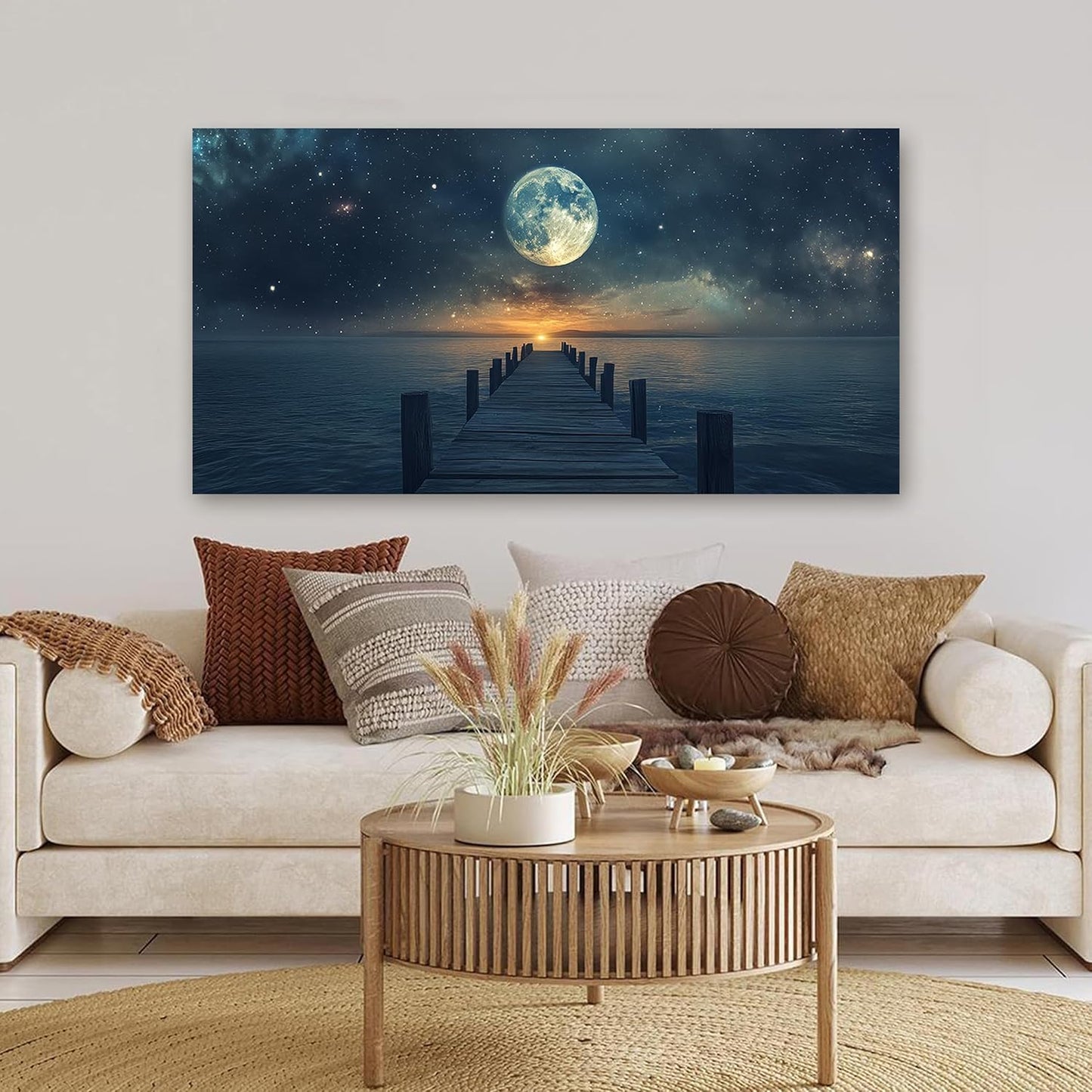 Canvas Wall Art Decor Artwork for Walls Large Wall Art Pictures for Living Room Landscape Coastal Wall Art Natural Blue Wall Decor Art Prints Star Moon Art Work for Home Office Wall Decor 24" x 48"