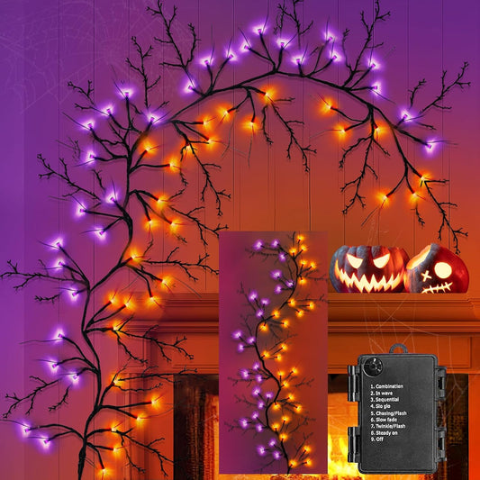 [8 Modes & Timer] Halloween Decorations Willow Vine Twig Garland, 6 FT 54LED Willow Vine Twig Lights Orange Purple LED Lights for Indoor Wall Fireplace Halloween Decorations