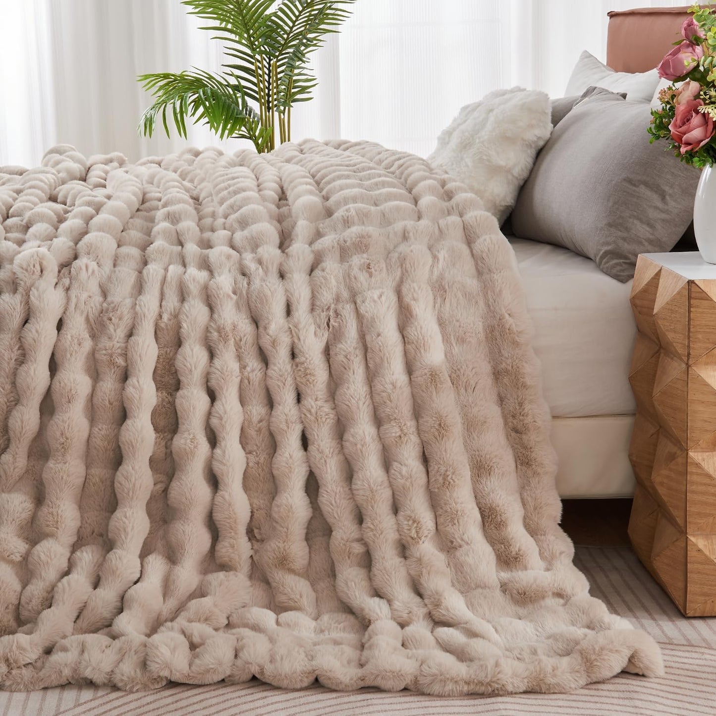 Lotus Karen Faux Fur Throw Blanket Linen - 800 GSM Bubble Rabbit Fluff Blanket for Couch Bed Sofa,Softest Fluffy Fuzzy Cozy Blanket,Thick Furry Plush Shaggy Warm Blankets for Women,108x90 Inches