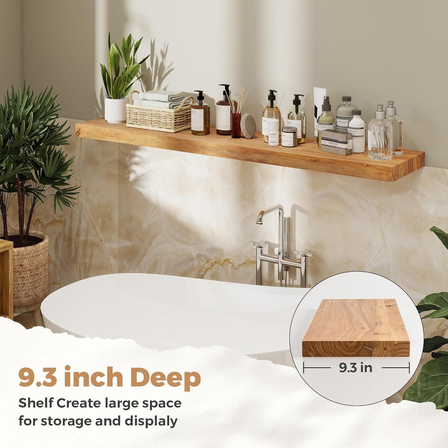 RICHFOCUS Elm Floating Shelves for Wall - 48" W x 9.3" D Rustic Solid Wood Shelves with Invisible Bracket, Wall-Mounted for Living Room, Bedroom, Kitchen Storage & Display, Set of 1, Natural