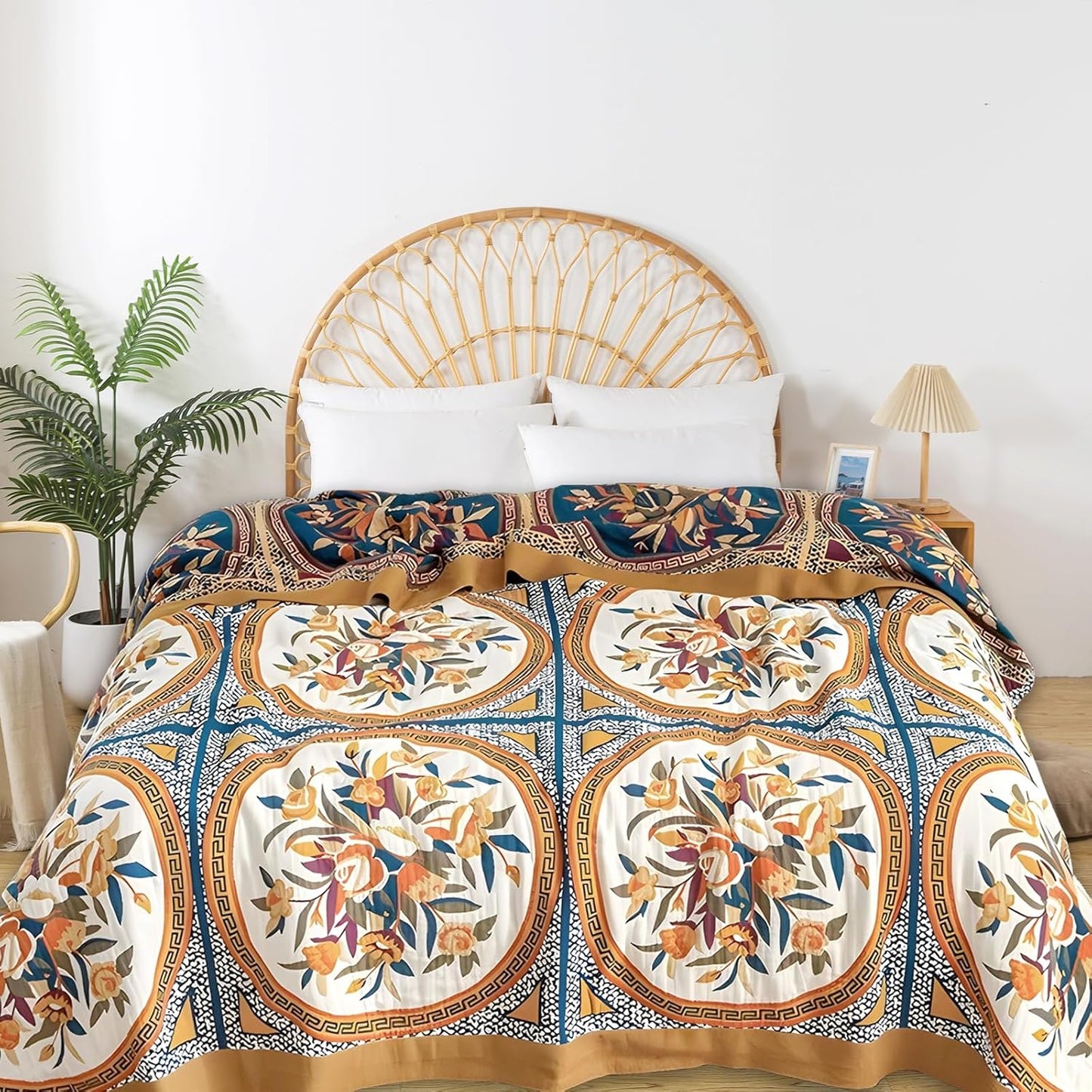 Boho Throw Blanket for Bed - 100% Pure Cotton Ultra Soft Rustic Quilt - Farmhouse Decor Bed Blankets, All Season Rustic Throw for Sofa Couch Chair(80''x 90'', Floral)