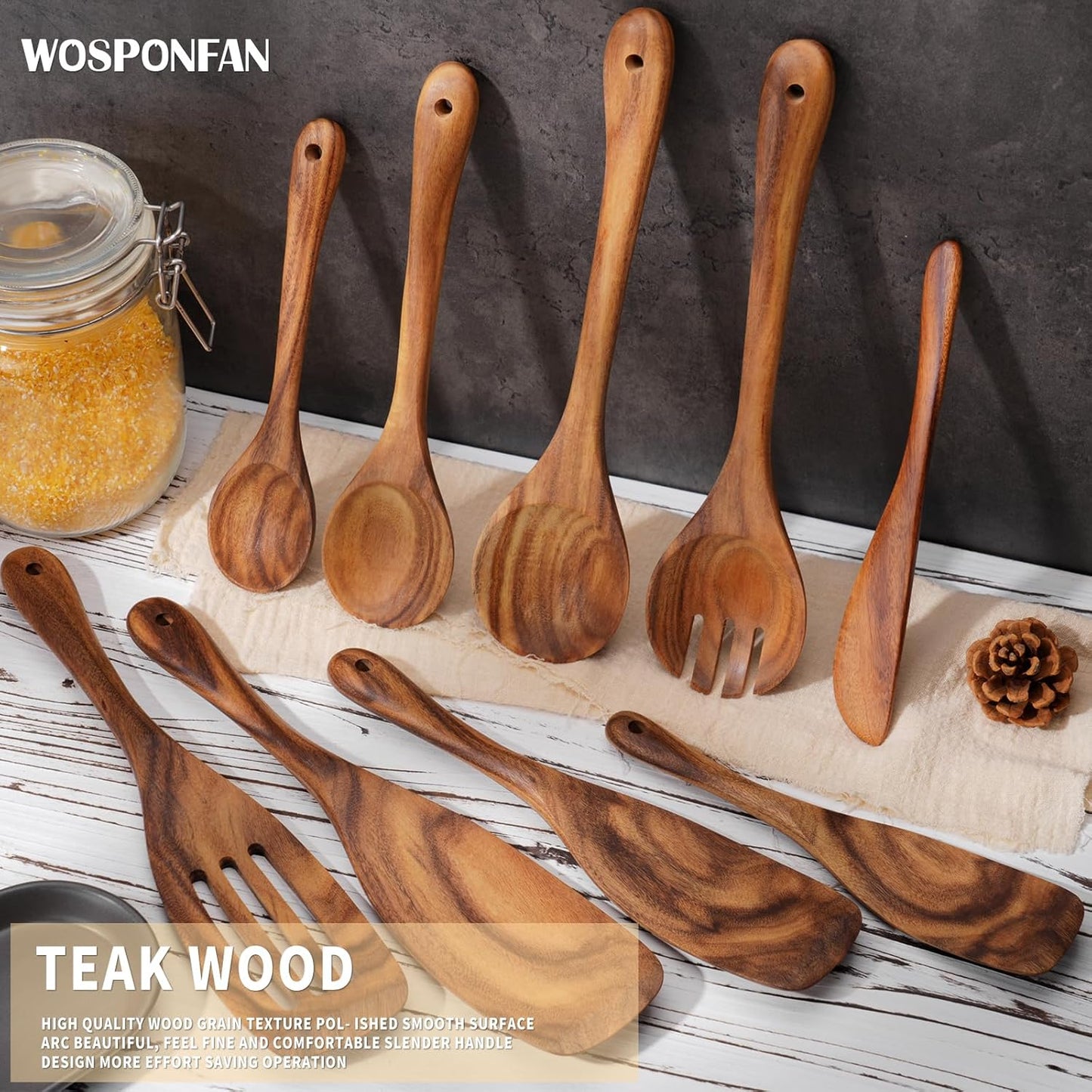 Wooden Cooking Utensils Set, 9 PCS Teak Wood Spoons, Spatula, Slotted Spoon, Handmade Modern Kitchen Utensils
