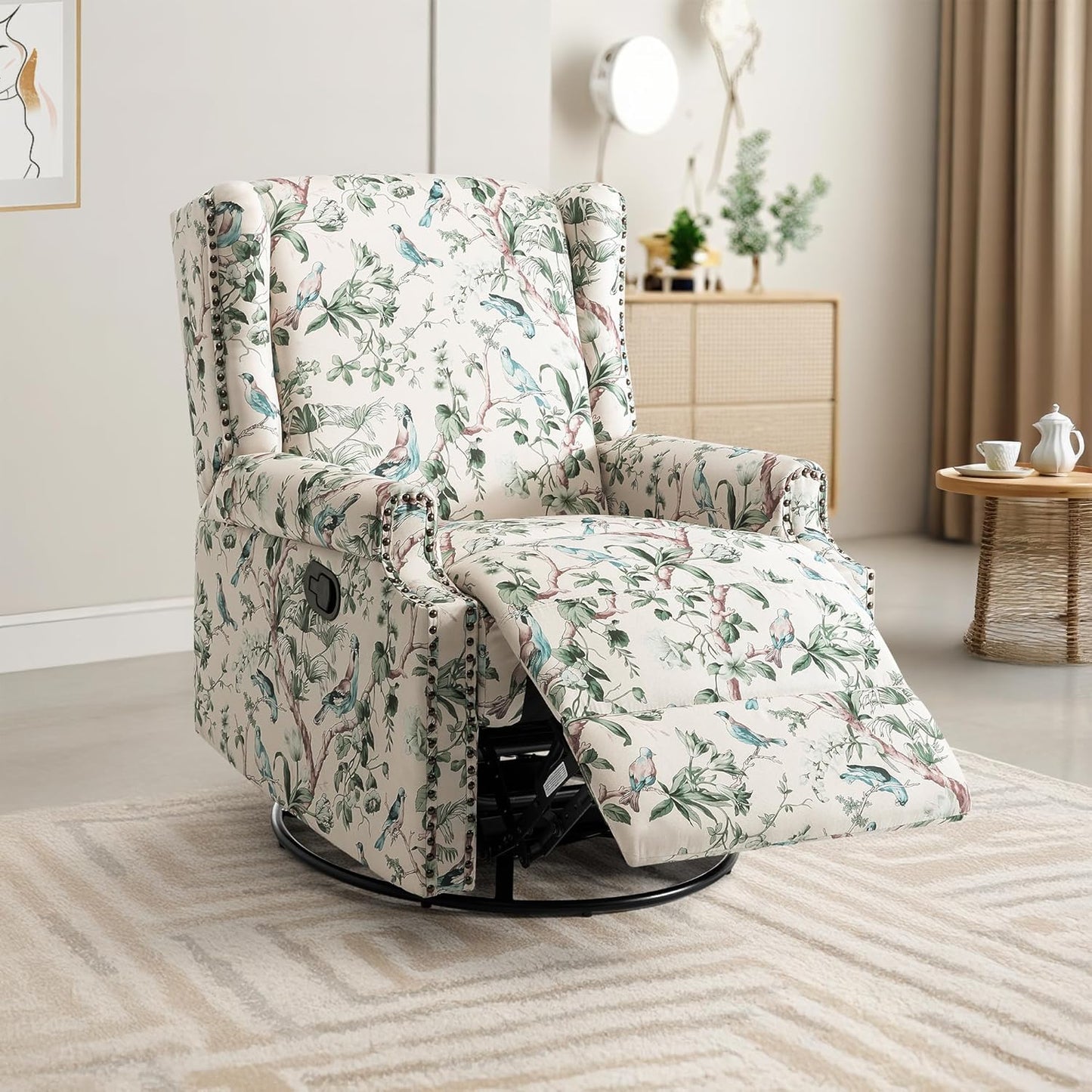 UIXE Swivel Rocker Manual Recliner Chair, Wingback Swivel Glider Fabric Nursery Reclining Sofa Chair, High Back Upholstered Arm Chair for Living Room Bedroom - Bird Pattern