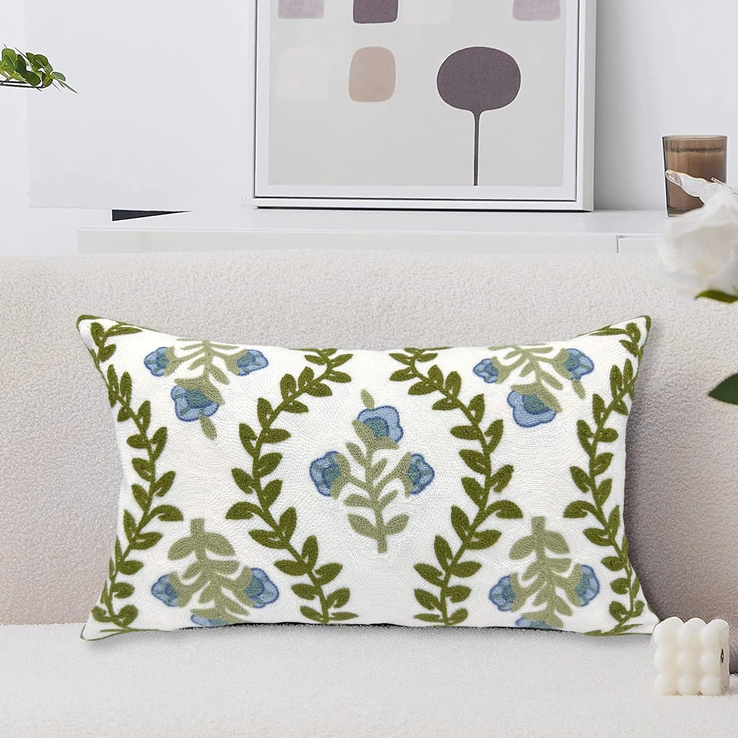 Alysheer Summer Floral Embroidered Decorative Throw Pillow Cover 12"x 20", Farmhouse Blue Flowers Green Leaves Patterned Cotton Canvas Lumbar Cushion Case for Sofa Couch Living Room Cottage Decor