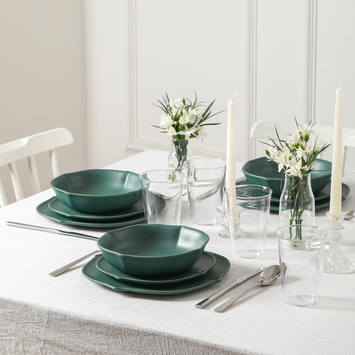 Stone Lain Baskerville 16-Piece Dinnerware Set Stoneware, Borosilicate Glass, Green
