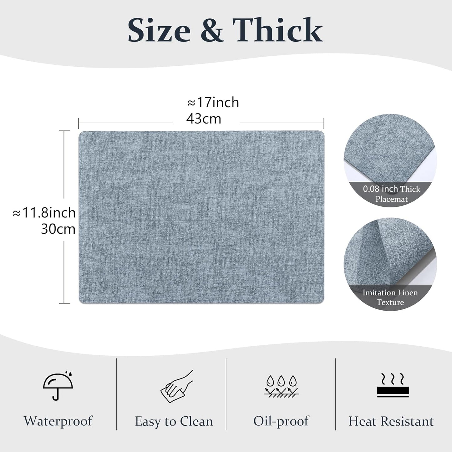 FROMHEART Faux Leather Placemats Set of 12–Waterproof,Heat/Oil Stain-Resistant PU Table Mat–Reversible,Non-Slip,Easy to Clean Place Mats for Kitchen,Dining,Indoor/Outdoor,(Light Blue,11.8" x 17")