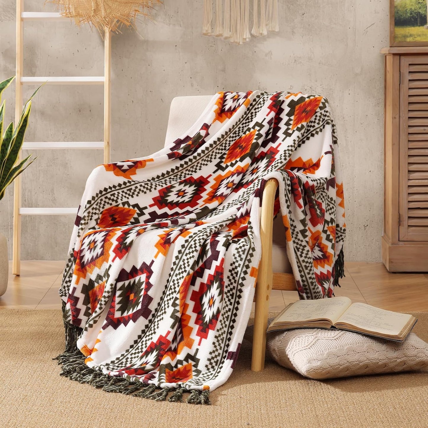 CASAAGUSTO Boho Throw Blanket - Orange and Green Decorative Blankets with Tassel, Printed Flannel Bohemian Blanket for Chair, Bed, Sofa, Couch(50 * 60, Orange and Green)