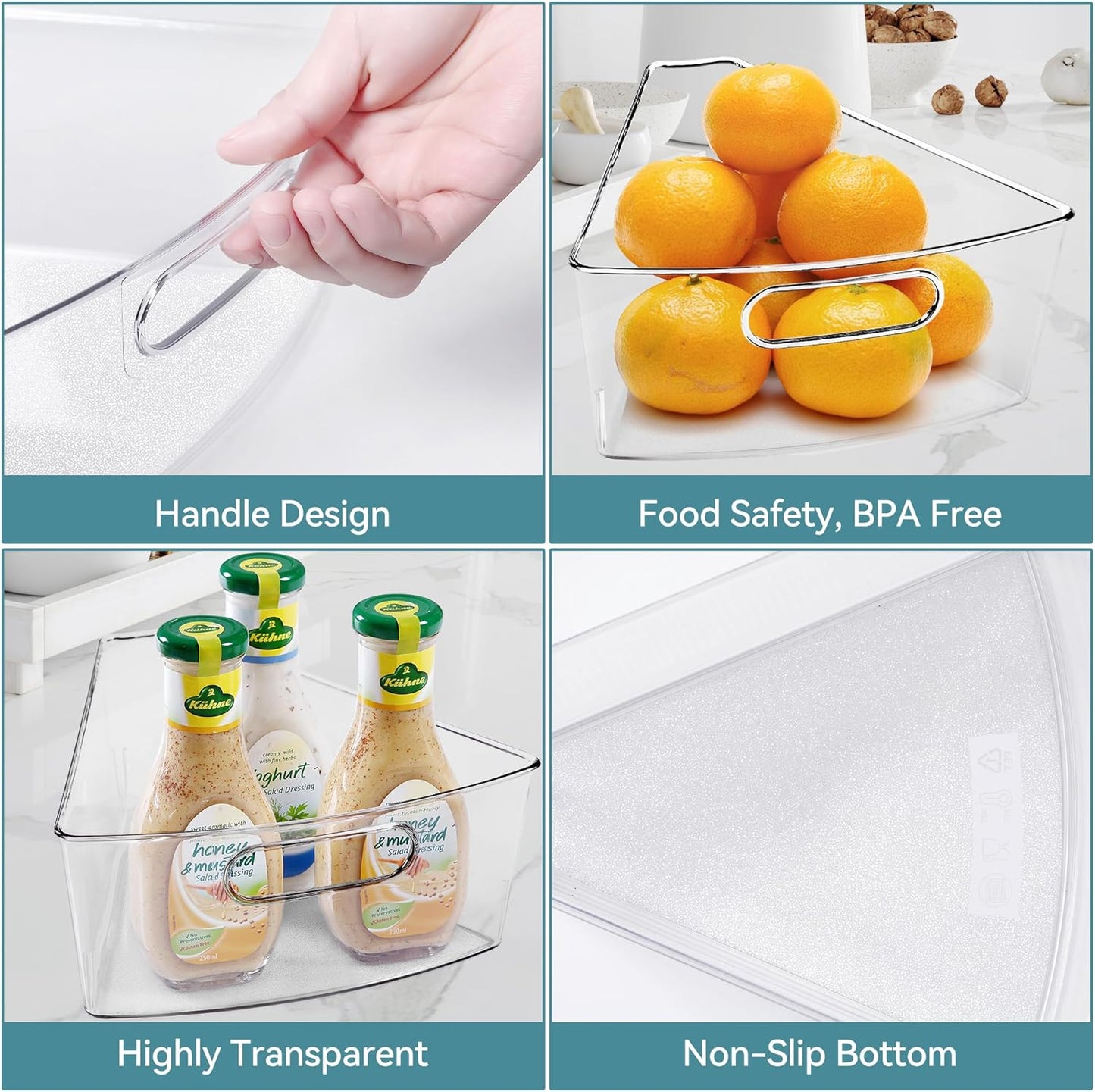 Oubonun Lazy Susan Organizers Set of 8, 10.2”x 9.4”x 4” Plastic Transparent Kitchen Cabinet Storage Bins with Handle, 4" Deep Container, 1/8 Wedge - Food Safe, without BPA