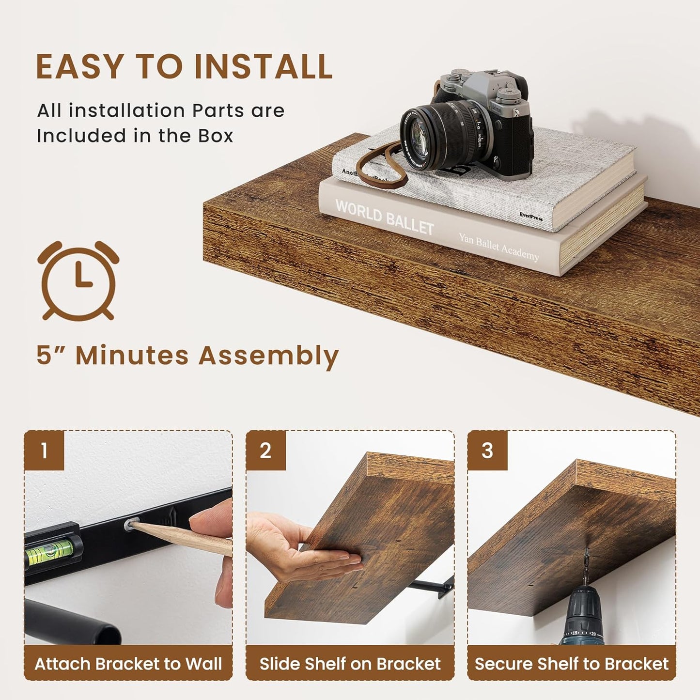 fuqing Floating Shelves for Wall, Bathroom Shelf Wall Mounted for Storage, Shelves with Invisible Bracket for Bedroom, Kitchen, Living Room, Farmhouse Small Book Shelf, 40 Inch Set of 2, Rustic Brown