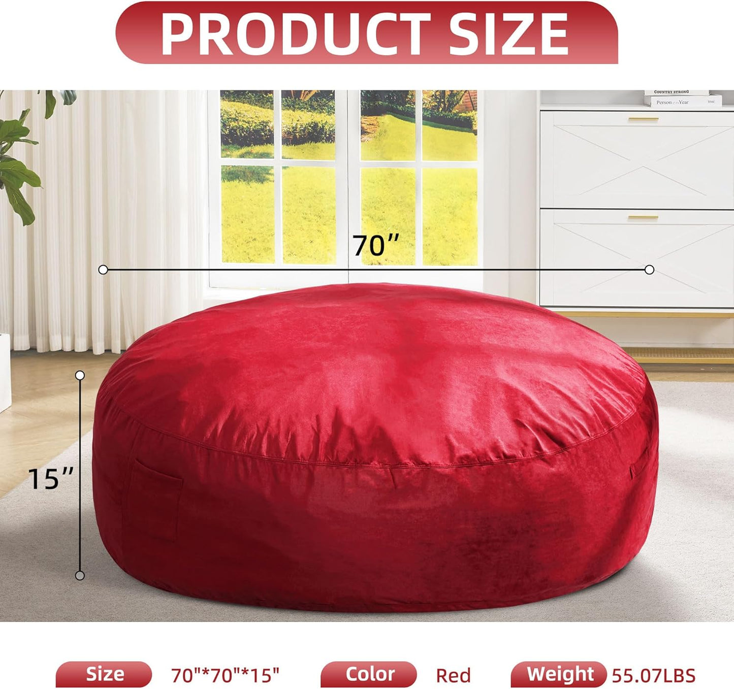 Hobestluk 6FT Bean Bag Chair Bean Bag Chairs for Adults Giant Bean Chairs with Velvet Cover, Memory Foam BeanBag Chair Fluffy BeanBag Chairs for Living Room, Bedroom- Red (70" x 70" x 15")