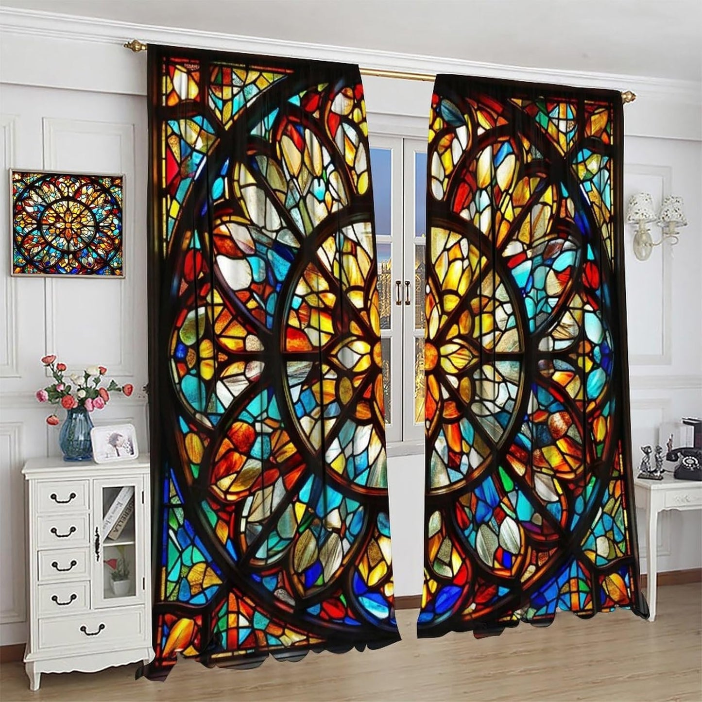 Stained Glass Curtains,Retro Mid Century Abstract Colorful Geometric Prints Home Decor Drapes for Bedroom Living Room Kitchen Window Treatment 2 Panels Set Total Size 42" W X 54" L Inch