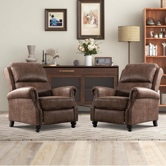 CANMOV Pushback Recliner Chair Set of 2, Faux Leather Armchair Push Back Recliner with Rivet Decoration Single Sofa Accent Chair for Living Room, Chocolate